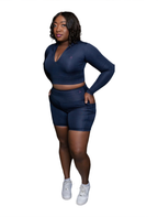 QualiFit Limitless luxe Stretch long sleeve half zip-up crop top with high waisted Biker Shorts with double sided pockets 1 set