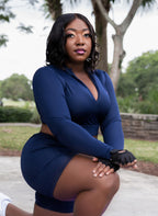 QualiFit Limitless luxe Stretch long sleeve half zip-up crop top with high waisted Biker Shorts with double sided pockets 1 set