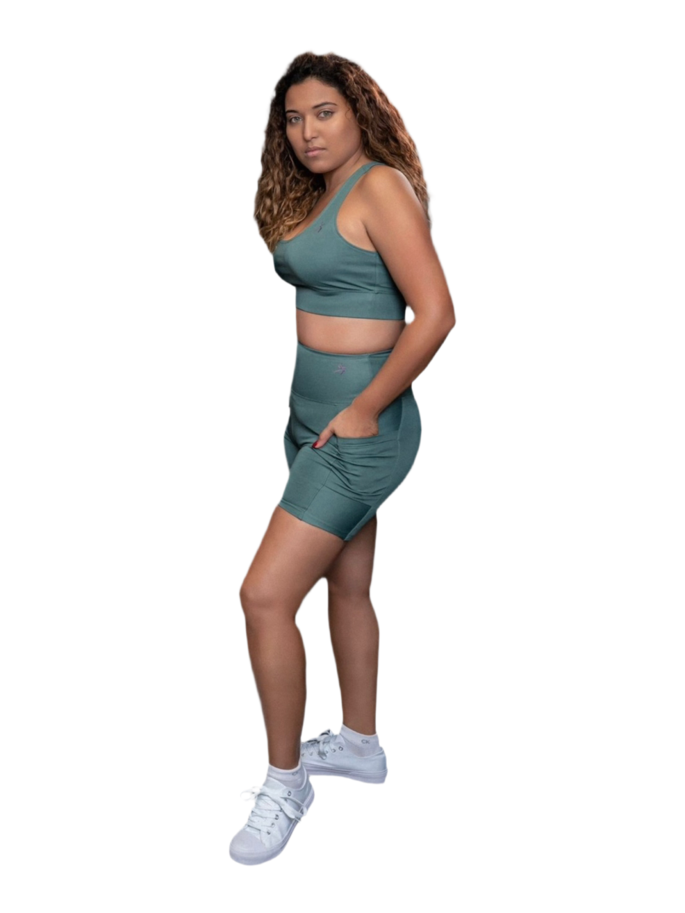 QualiFit CoreFlex power cross Racerback Running Crop Top sport bra Sleeveless and Athletic high waisted biker short with pockets 1 set